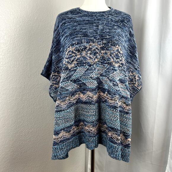 Coldwater Creek Sweater Poncho Womens OS Oversized Blue Aztec Southwestern Boho - Picture 1 of 12